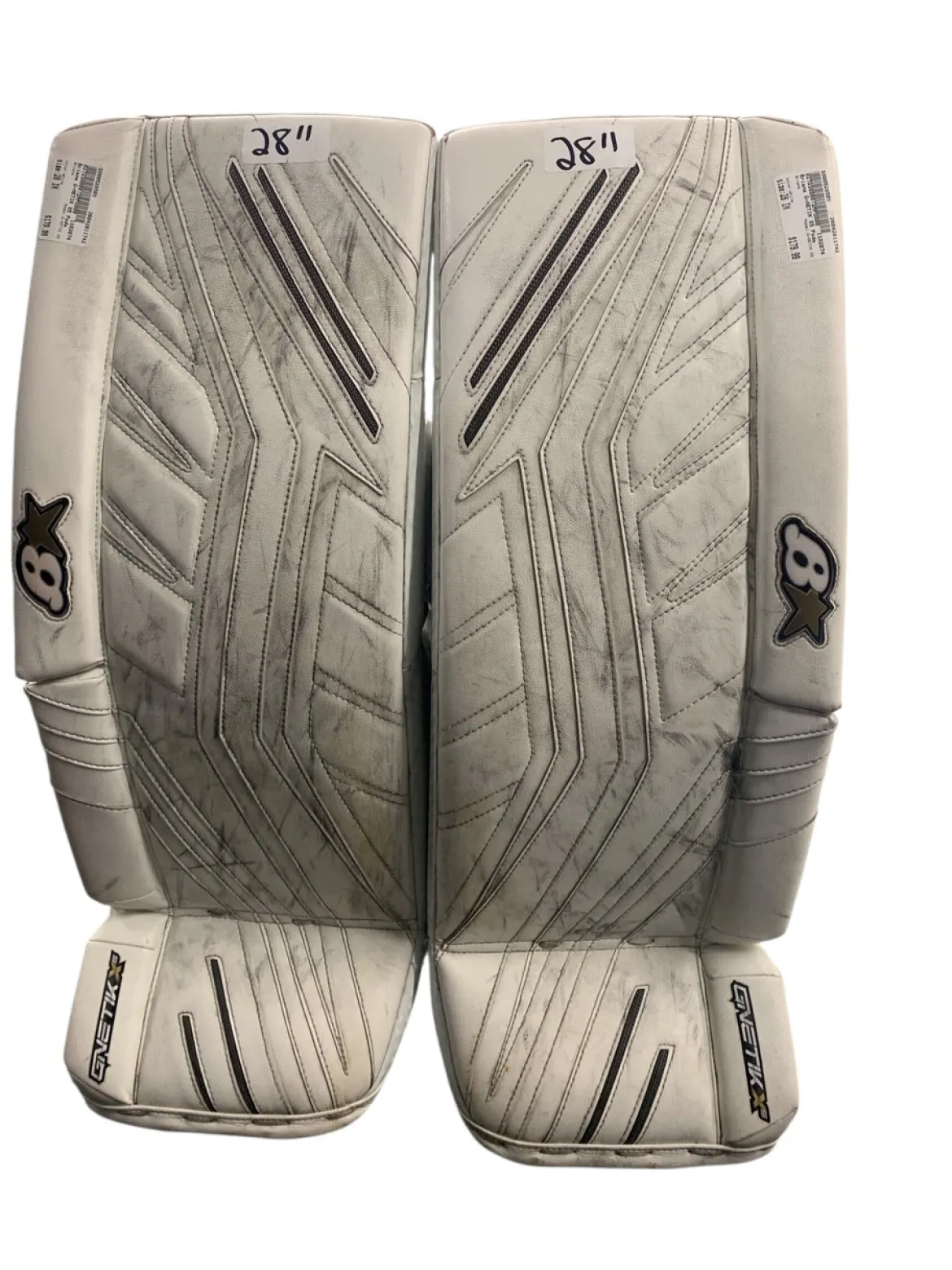 Used Brians G-NETIK X5 Goalie Leg Pads Junior White 28+1”