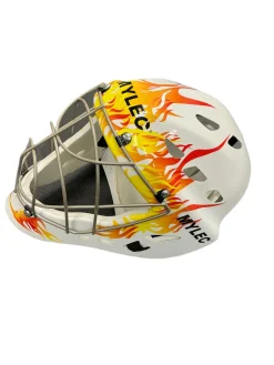 Used Mylec FLAME St Hcky Goalie Helmet Yth Yellow And White SM